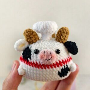 Handmade Amigurumi Crochet Cow With a Chef Hat Plushie